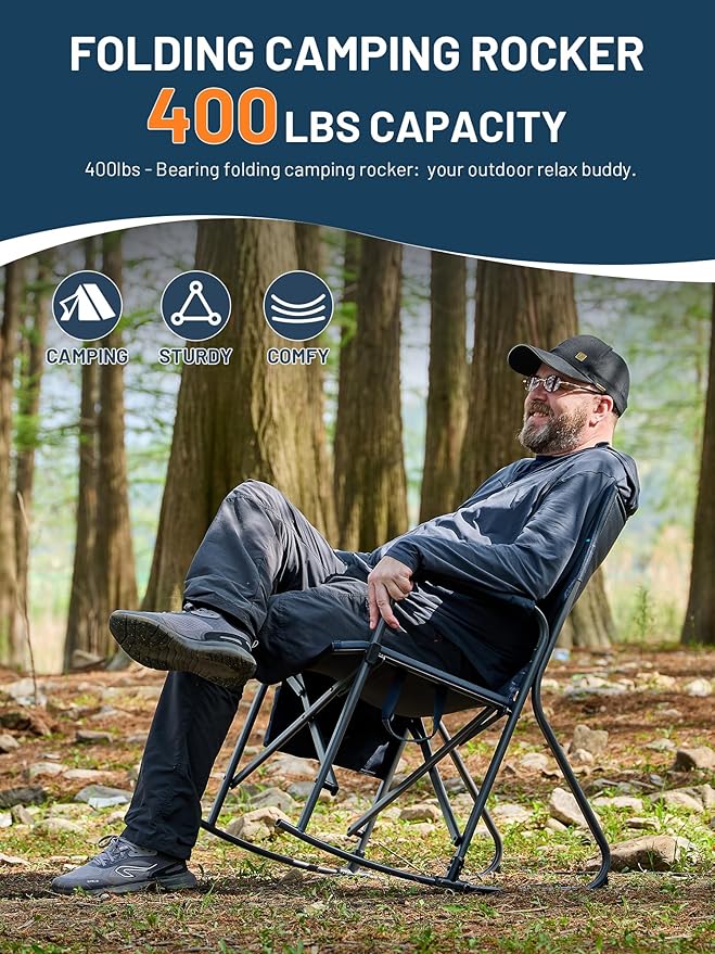 TIMBER RIDGE Folding Oversized Rocking Camping Chair, 400lbs Capacity Portable Outdoor Rocker with Hard Armrests, Cup Holder & Side Pocket, Quick-Fold Design for Outdoor, Patio, Lawn, Blue