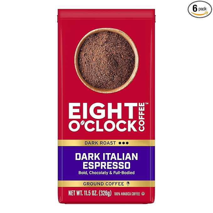 Eight O'Clock Coffee Dark Italian Espresso Ground Coffee, Medium Roast, 11 Ounce (Pack of 6) - Bold & Chocolaty