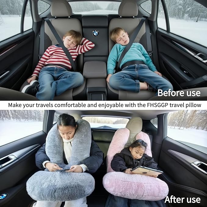 FHSGGP Travel Pillow Car Travel Sleep Support Pillow 2-in-1 Lap Pillow and Car Pillow with Neck and Body Support for Adults and Kids on Long Trips Kids Travel Pillow Gray
