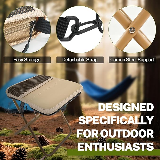 Portable Stool, Small Folding Stool for Adults, Ultralight Camping Stools for Hiking and Fishing (Khaki)