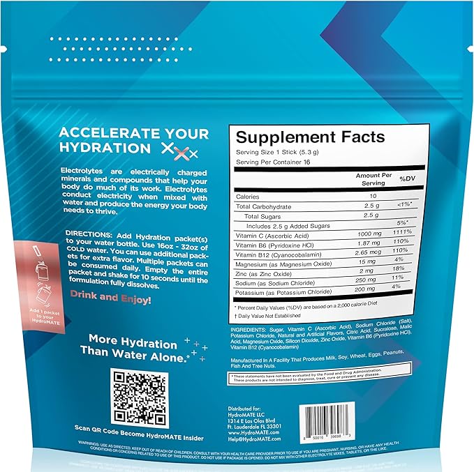 HydroMATE Electrolyte Powder Peach Tea Hydration Packets Low Sugar 16 Count