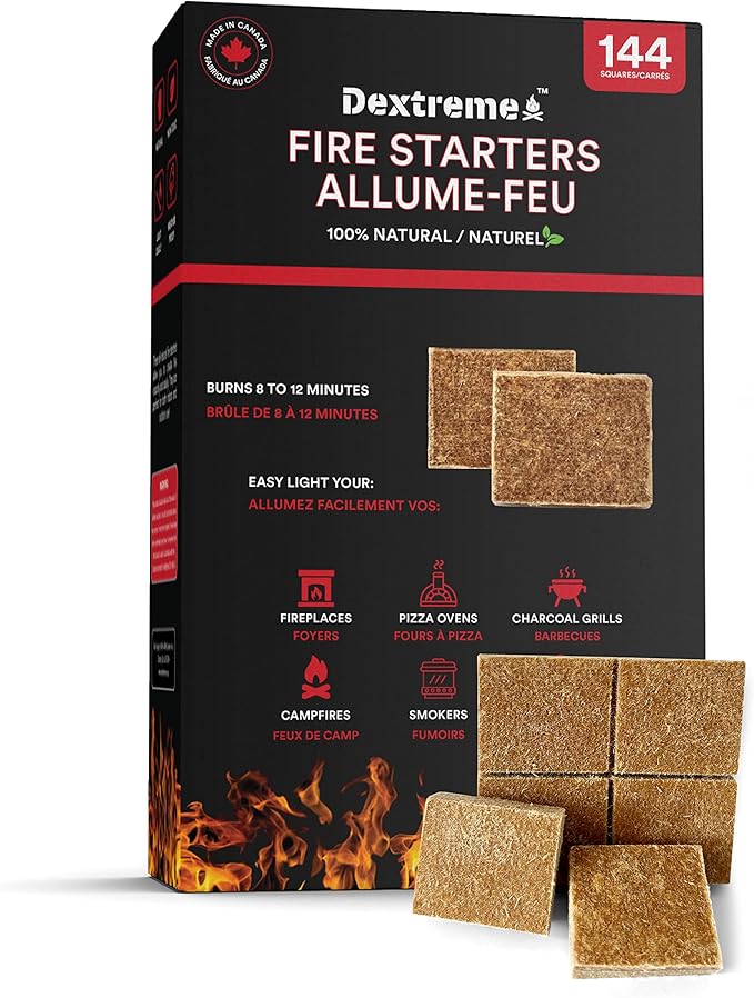 Dextreme Fire Starter Pack of 144/48 Natural Fire Starters Cubes for Campfires, Charcoal, BBQ, Grill Pit, Fireplace, Wood Stoves, Smokers and Camping - Easy to Ignite and Non Toxic… (144 Squares)