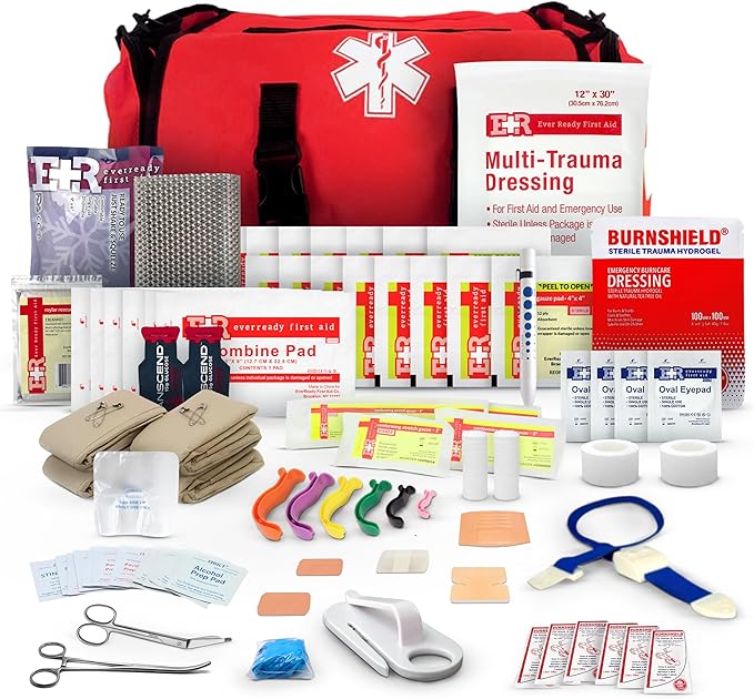 First Responder Trauma First Aid Kit Bag – Fully Stocked Emergency Medical Kit for Workplace, Vehicle & Home – OSHA & ANSI Compliant – Portable – Red