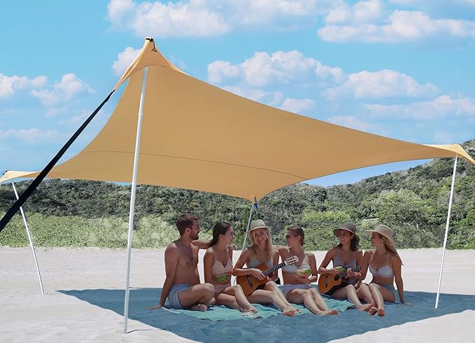 10×10ft UPF50+ Beach Tent Sun Shelter, Windproof Stable Outdoor Pop Up Beach Shade Canopy for Camping, Fishing, Backyard Fun or Picnics, 4 Poles