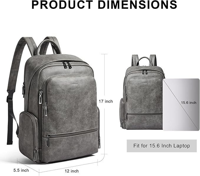 Leather Backpack for Women, Fits 15.6 Inch Laptop, Soft Vegan Leather Backpack for Travel and Daily Use, Grey