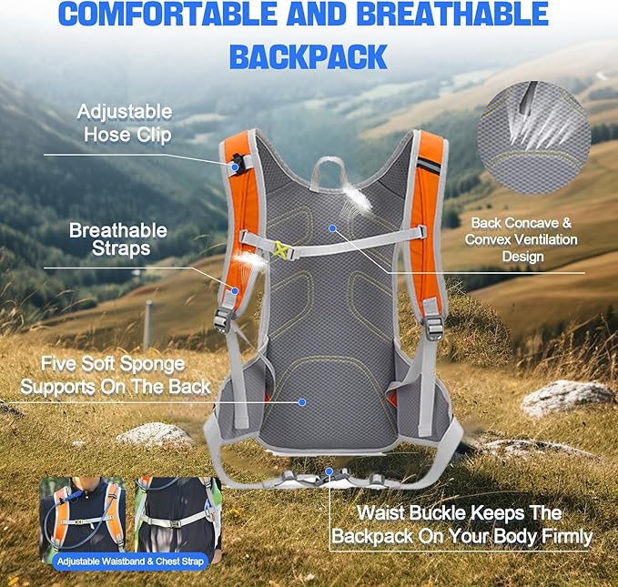 Hydration Backpack 20L Lightweight Breathable Water Backpack with 2L Water Bladder, Adjustable Chest Straps Running Hydration Vest for Cycling, Hiking, Climbing