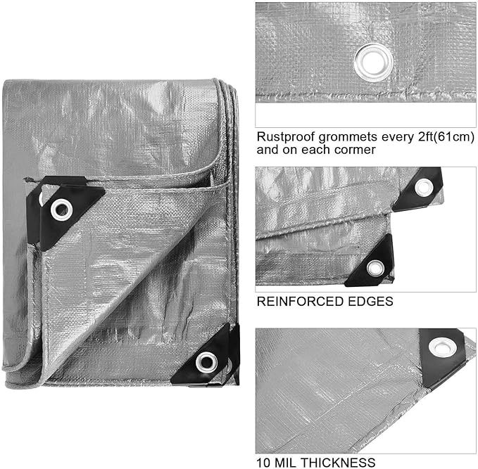 Heavy Duty 10 Mil Tarp Cover Waterproof UV Resistant Tarpaulin Used for Outdoor, Hunting, Camping, Backpacking, Canopy Tent, Ground Tarp, Cover Boat, Motorcycles, Roofs, Wood