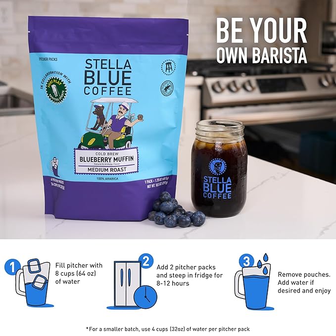 Stella Blue Cold Brew Coffee Packets, Blueberry Muffin, Medium Roast Ground Coffee, Blueberry, Warm Cinnamon and Brown Sugar Notes, 100% Arabica, 6 Brew Packets, Makes 24 Bold Cups