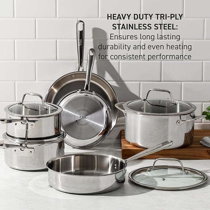 T-Fal Pro Tri-Ply Stainless Steel Cookware Set, 10 Piece-Induction Compatible, Oven Safe 500F, Lids-350F, Even Heat, Professional Quality, Durable, Induction Pots and Pans Set, Silver