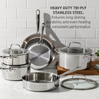 T-Fal Pro Tri-Ply Stainless Steel Cookware Set, 10 Piece-Induction Compatible, Oven Safe 500F, Lids-350F, Even Heat, Professional Quality, Durable, Induction Pots and Pans Set, Silver
