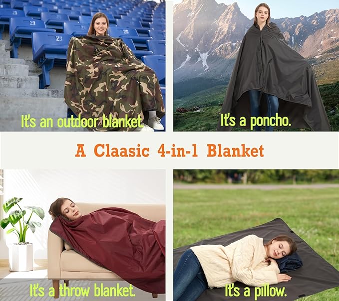 4-in-1 Large Camping Blankets - Waterproof, Windproof Fleece Outdoor Blankets for Stadium, Sports, Car, Concert - 81"x57", Portable (Dark Gray)