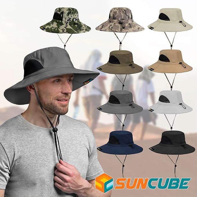 SUN CUBE Wide Brim Sun Hat Men Women, Fishing Hats Sun UV Protection, Mens Hiking Bucket Hat Safari Beach Boonie, UPF 50+