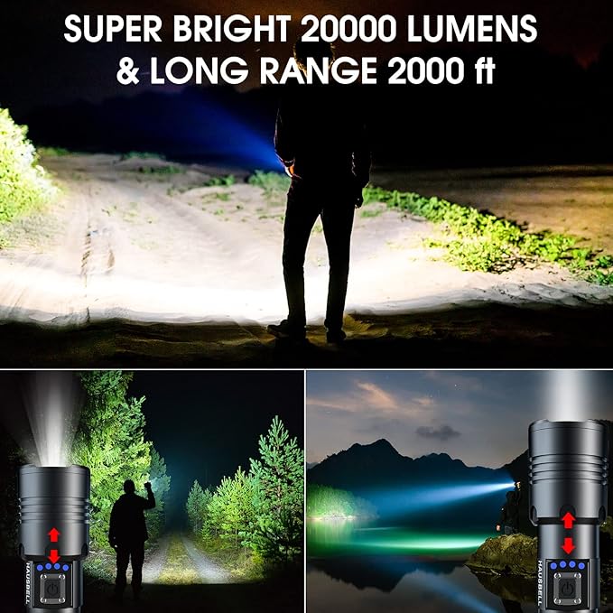 HAUSBELL A100 Upgraded LED Flashlights 20000 High Lumens, Zoomable Bright Flashlight with 5 Modes, Long Range 2000ft, Waterproof Powerful Tactical Flash Light for Emergency, Camping Gear, Hiking