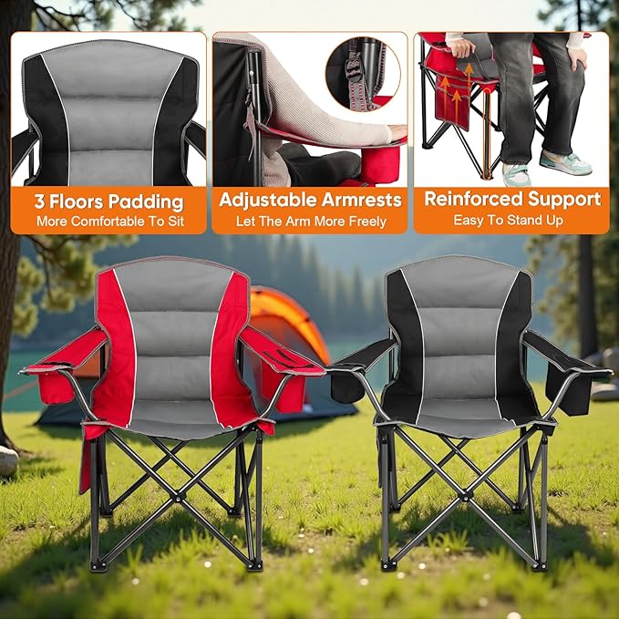Northroad 2 Pack Oversized Camping Chair, Padded Portable Chairs Heavy Duty Camping Folding Chairs w/Cooler Bag & Cup Holder, Support 400 LBS for Outdoor, Fishing & Garden (Red & Black)