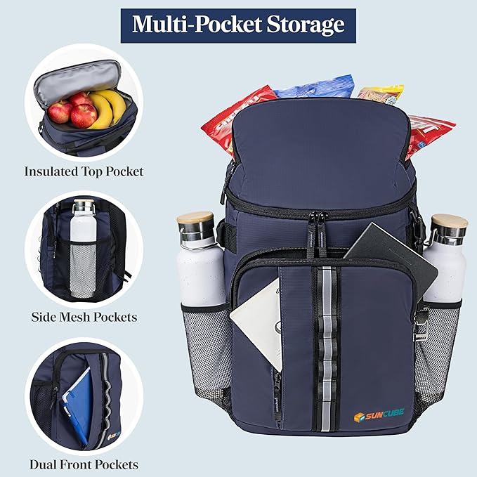 SUN CUBE Cooler Backpack 33 Can, Leakproof Insulated Backpack Cooler for Men Women, Camping Cooler Backpack for Beach Travel Hiking, Waterproof Lunch Backpack, Navy