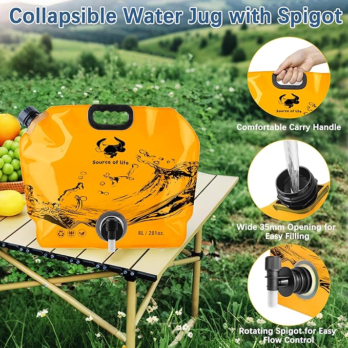 Camping Water Jug 2.1 Gallon CollapsibleWater Container Portable Water Bag for TravelOutdoor Hiking BPA Free Lightweight (Orange (2.1 Gal), 1)