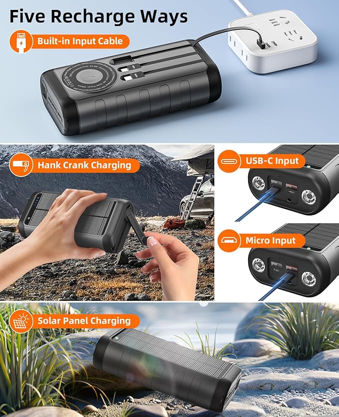 Solar Charger, 59800mAh Portable Power Bank for All Phones, Outdoor Waterproof Battery Pack Built in Hand Crank, 15W Wireless Charger 6 Outputs & 3 Inputs/LED Flashlights, Perfect for Camping Travel
