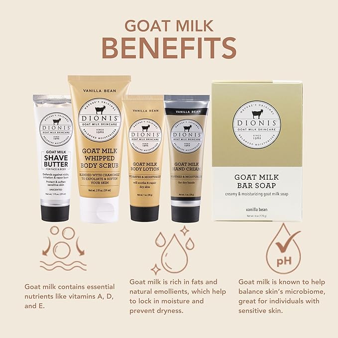 Dionis Goat Milk Vanilla Bean Hand Cream, Body Lotion, Whipped Body Scrub, Shave Butter, Bar Soap 6 oz & Carrying Case 6-Piece Travel Set