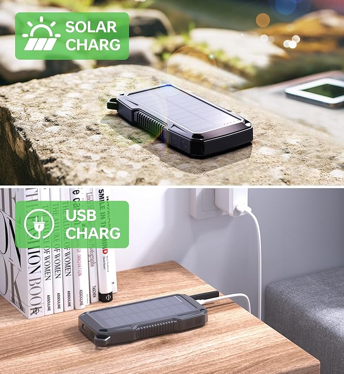 ABFOCE Solar Power Bank 10000mAh with 22.5W Fast Charging, Sensor Alarm, 15W Wireless Charger LED Flashlight, Battery Pack, Solar Panel Charger for iPhone 16 15 14 iPad Samsung Outdoor Camping Hiking
