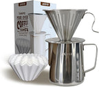 AGOGO Compact Portable Pour Over Coffee Maker Set - Easy Cleaning 304 Stainless Steel Dripper Set for Camping & 50 Filters Paper & Cleaning Rag (Silvery, 600ml)