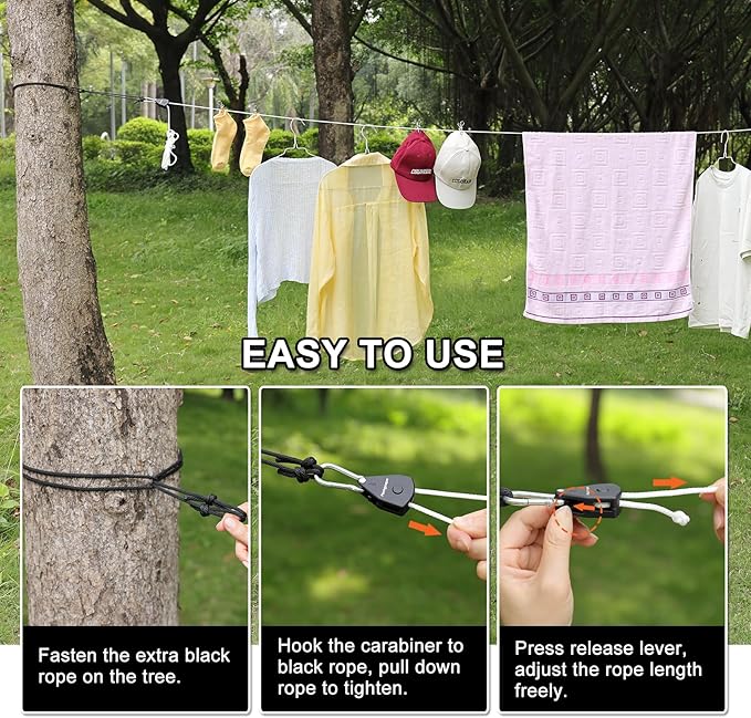 Retractable Travel Clothesline, Portable Clothes Line with Heavy Duty Pulleys & Carabiners, Windproof Clothes Drying Rope for Outdoor Camping, Travel, Indoor Home Use (White, 26 Feet Long)