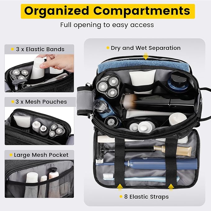 Vorspack Travel Toiletry Bag - Water Resistant Travel Bag for Toiletries, Cosmetics, Accessories, Gifts for Men - Black