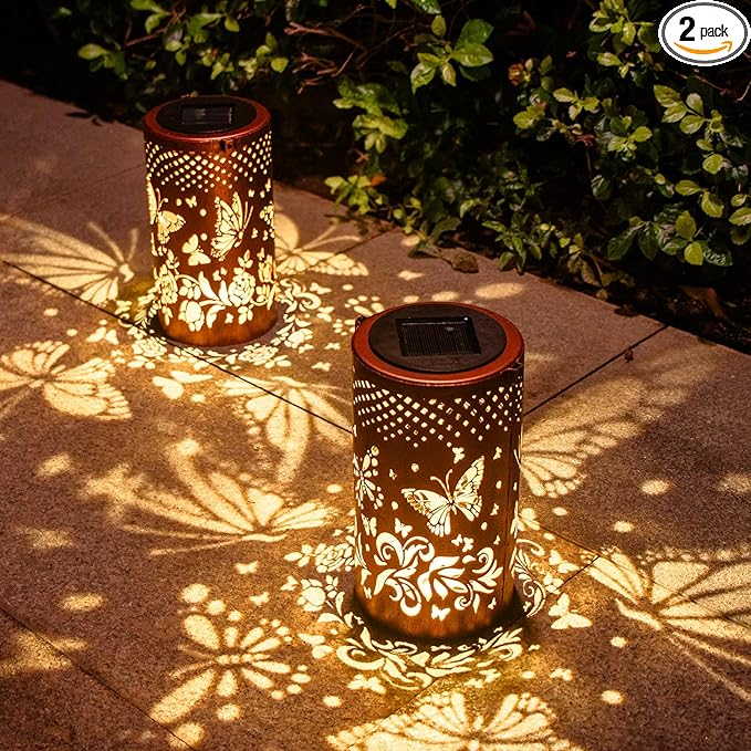 2 Pack Butterfly Birthday Gifts for Women Mom Grandma Solar Lanterns Outdoor Waterproof Garden Decor Metal Hanging LED Decorative Light for Patio Yard Lawn Backyard Front Porch Gardening Gifts