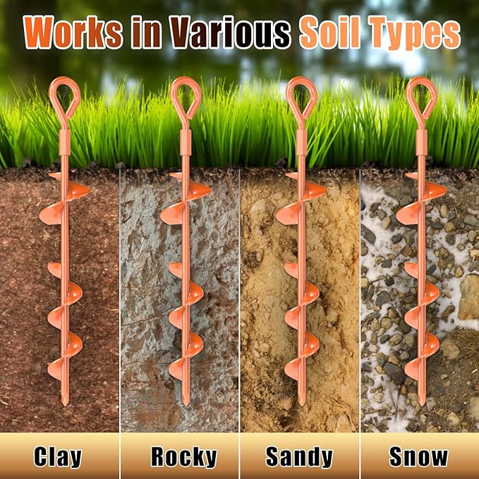 Eazy2hD 6 Pack Tent Stakes Heavy Duty, 15 Inch Ground Anchors Screw in, Metal High Winds Trampoline Stake with Nut and Tool, Spiral Anchor Kit for Camping, Shed, Swing Set, Canopy, Car Ports