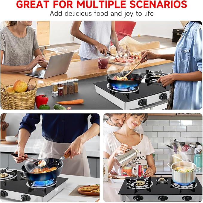 Propane Gas Cooktop,3 Burners Gas Stove portable gas stove, 0.28"Tempered Glass, Auto Ignition Camping 3 Burner LPG for RV,Apartments,Outdoor