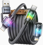 SHEZI 4-in-1 USB C Cable [240W Fast Charging & Data Transfer] Nylon iPhone Charger Cord with Light, Multi Charge Cables Combo with L/Type C/USB A Port for iPhone/iPad/Samsung, 5FT
