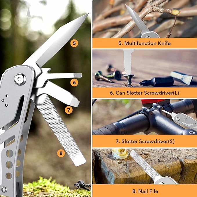 26-in-1 Multitool, Professional Stainless Steel Multi-Tool, Pocket Knife with Heavy Duty Pliers, Screwdriver, Replaceable Bits for Outdoor, (Silver)
