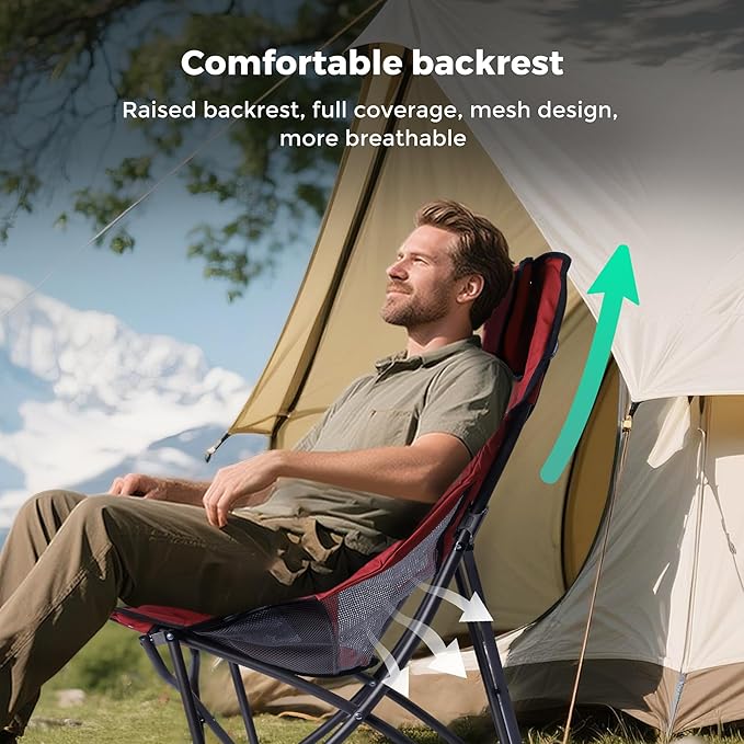 UNNYFEEL High Red Camping Chair for Adults, Lightweight Camping Chair Support 300 lbs Heavy Duty, Compact Folding Chair Design, Portable & Collapsible Camping Chairs for Outdoor, Camp, Beach, Picnic