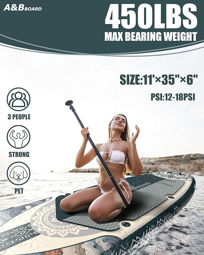 ABBOARD Inflatable Stand Up Paddle Boards - Extra Wide Fishing Paddleboard,Cool Design,Ultra Stable Standup SUP,5 Handles,15 D-Rings, Camera Mount,10L Dry Bag,100L Backpack, Youth/Adults