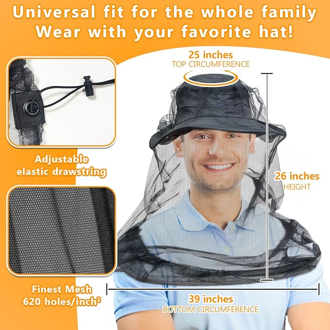 Mosquito Head Net for Insects, 2 Pack, Premium Bug Net for Head, Fly & Bug Protection | Ultra Large & Long, Finest Holes for Camping, Hiking, Fishing, Gardening, Fits All Hats for Men & Women