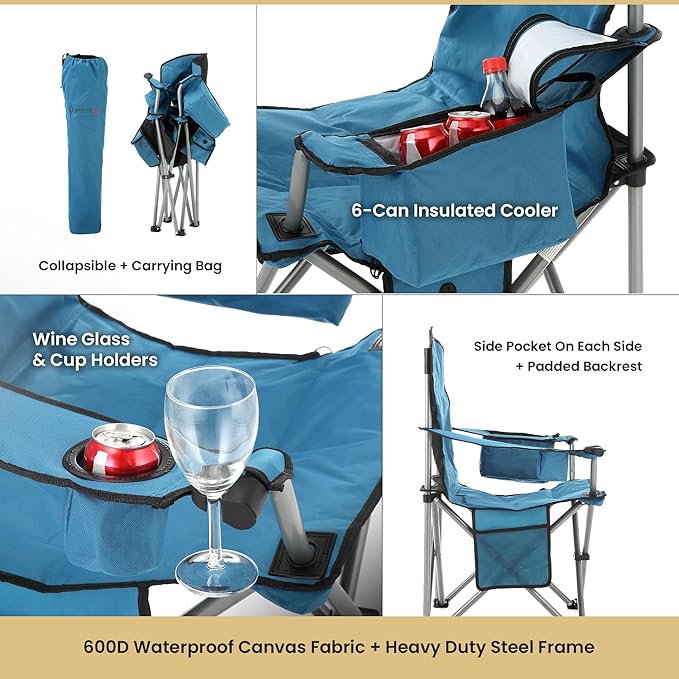 ARROWHEAD OUTDOOR 2-Pack Heated Folding Camping Chair with Cooler, 3 Heat Settings, Cup & Wine Glass Holder, Carrying Bag, Battery NOT Included, Supports up to 330lbs