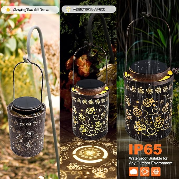 Upgraded Ladybug Solar Lights for Outside Garden Decor, Waterproof Hanging Metal Lanterns Outdoor Solar Lights for Yard, Patio, Porch, Fence - Birthday Gifts for Women, Mom, Grandma