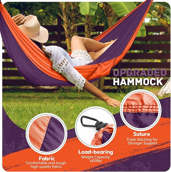 Camping Hammock Lightweight, Portable Hammocks Parachute Hammock with Two Tree Straps, Single or Double Travel Swing Nylon Camp Hammocks, Outdoor Essentials for Beach Backpacking Hiking, Orange