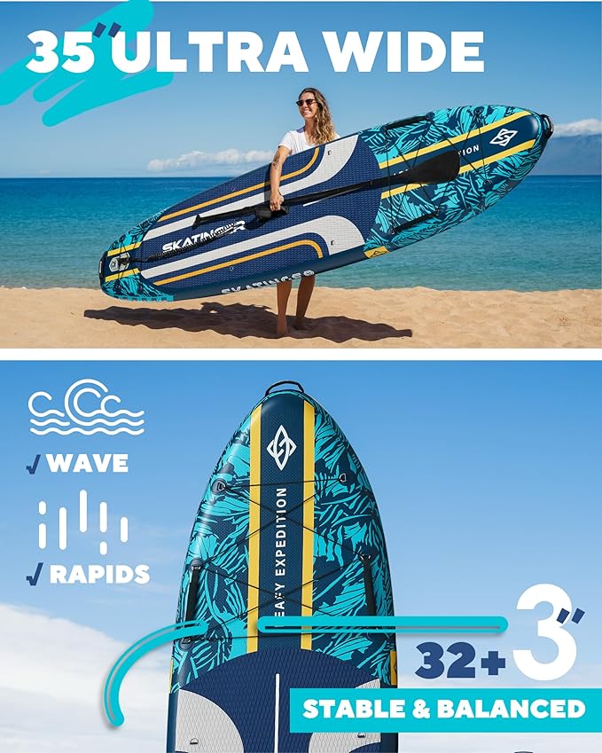 11'6×35" Super Wide Inflatable Paddle Board, Ultra Stable Stand Up Paddleboards for 450lb/3 People/Family/Big Size, Shoulder Strap, 5 Handles, 100L Backpack, All-Round Sup Board, US Fin