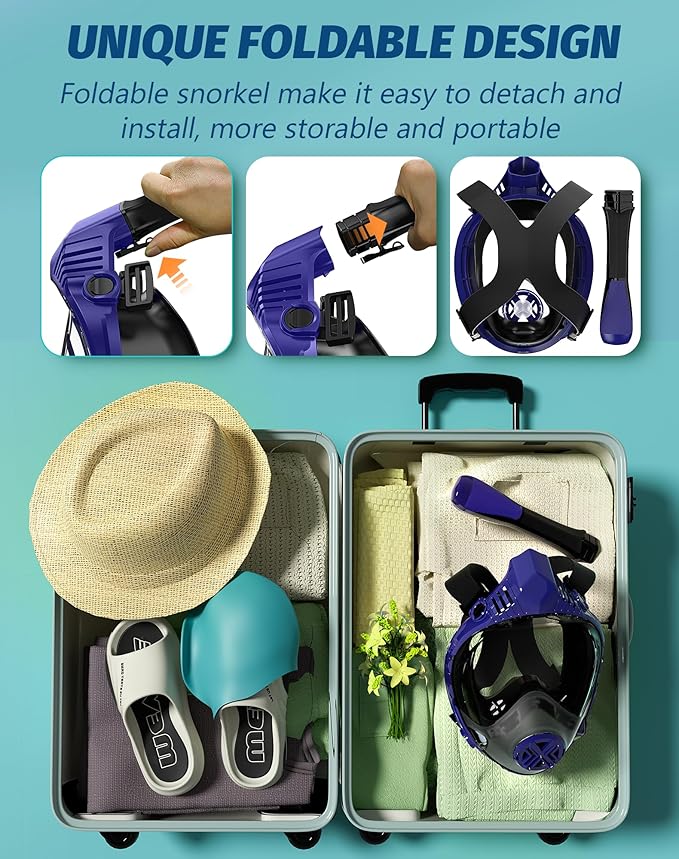 Full Face Snorkel Mask- Snorkeling Gear for Adults with Safe Dry Top Breathing System, Latest Foldable Panoramic View Snorkeling Mask for Men and Women, Anti Fog Anti Leak