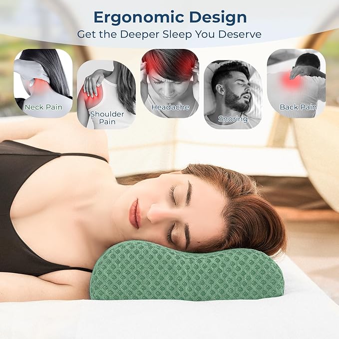 Travel Pillow Memory Foam Pillows, Ergonomic Wave Cervical Neck Pillow for Neck Pain Relief, Compressible Medium Firm Side Sleeper Pillow, Ideal for Camping, Office, Home & Bed (Green, S)