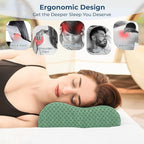 Travel Pillow Memory Foam Pillows, Ergonomic Wave Cervical Neck Pillow for Neck Pain Relief, Compressible Medium Firm Side Sleeper Pillow, Ideal for Camping, Office, Home & Bed (Green, L)