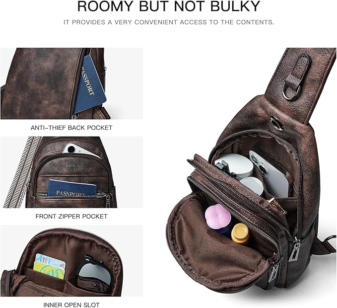 7L Sling Bag For Women Faux Leather Anti Theft Small Casual Daypack Backpack Fanny Pack Crossbody Chest Bags Purse Waterproof Coffee Color