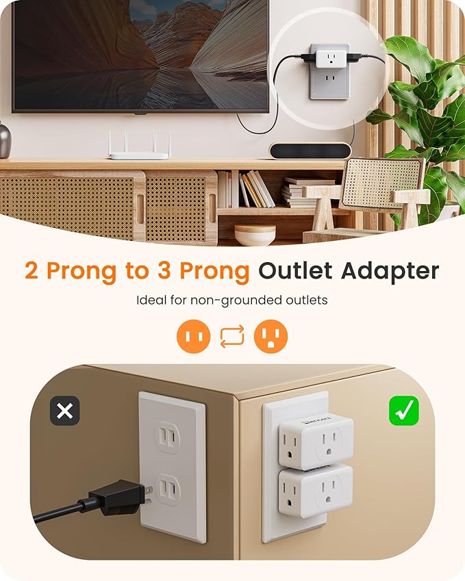LENCENT 2 Prong to 3 Prong Outlet Adapter,Wall Plug Extender,Multiple Outlet Wall Plug with 3 AC Outlets,Non-Grounded Outlets Expander for Japan Travel Kitchen Office Bathroom Older House,2 Pack