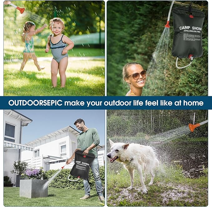 OUTDOORSEPIC| Solar Camping Shower Bag 1/2set and1+ Set 5 Gallon Portable Camping Showers Bag with Adjustable Switch Removable Nozzle for Camping Hiking Beach Swimming Outdoor Activities