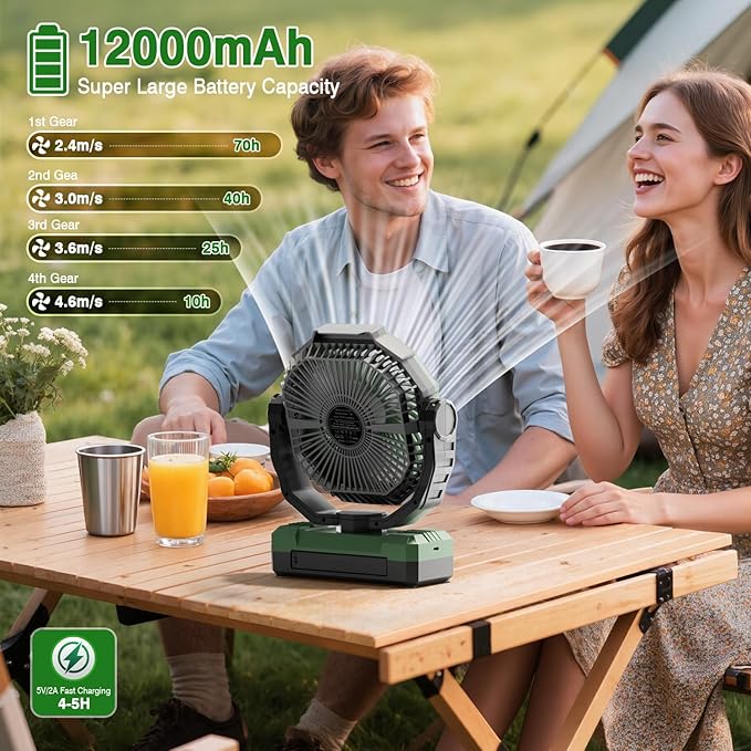 FRIZCOL 3-in-1 Camping Fan - Portable Fans Rechargeable - Large Capacity Battery Powered Fan(70Hrs) with Light & Remote for Indoor, Outdoor, Tent, Travel, BBQ, Fishing, Jobsite - Green