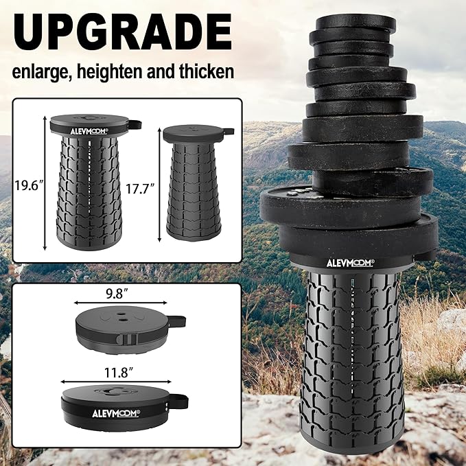ALEVMOOM Upgraded 19.7" Portable Telescoping Stool,XXL Collapsible Stool with Cushion,Capacity 1000lbs Heavy Duty Retractable Folding Chair for Adults for Camping Fishing Hiking BBQ