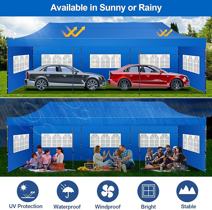 COBIZI 10x30 Pop up Canopy Tent 10x30 Canopy with 8 Sidewalls Waterproof Heavy Duty Commercial for Parties Outdoor Garden Gazebo Tent, Carry Bag with Wheel(10x30ft,Blue)