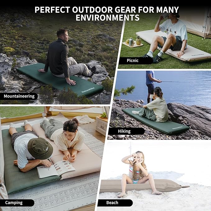 Naturehike 4"/10cm Ultra Thick Foam Self Inflating Sleeping Pad, R9.5 Patchwork Sleeping Mats with 75D Fabric, 4 Seasons Air Mattress for Camping, Travel, Car, Tent, Cot, Hiking