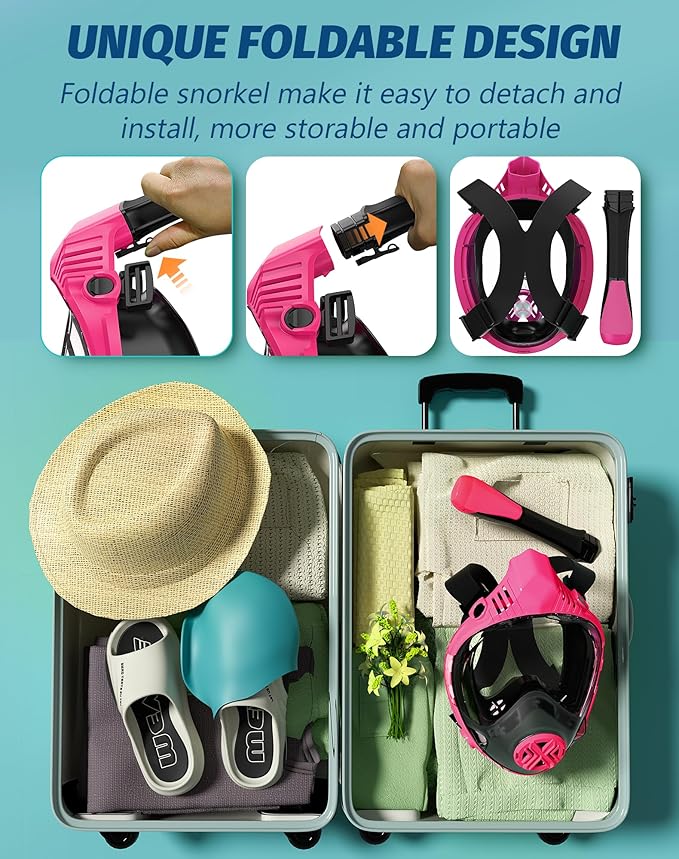 Full Face Snorkel Mask- Snorkeling Gear for Adults with Safe Dry Top Breathing System, Latest Foldable Panoramic View Snorkeling Mask for Men and Women, Anti Fog Anti Leak