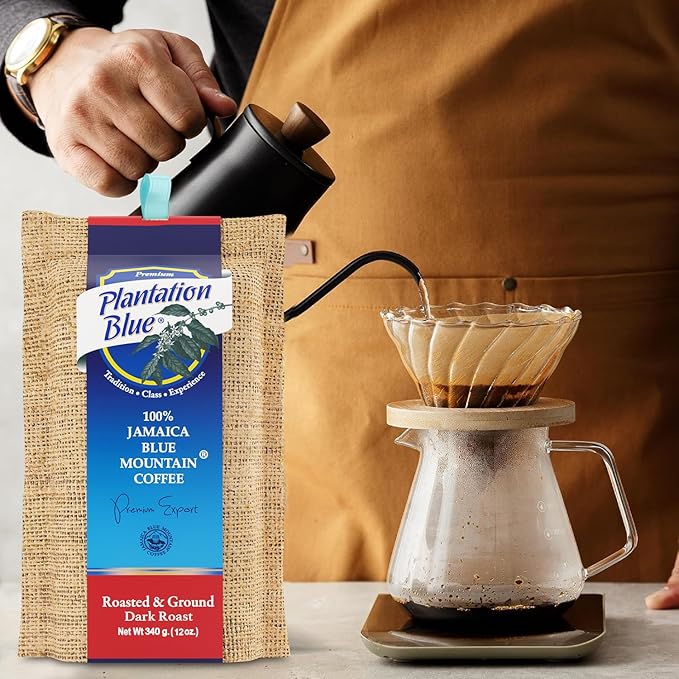 Plantation Blue 100% Blue Mountain Coffee, Dark Roast, Ground, Premium Jamaican Coffee, 12oz